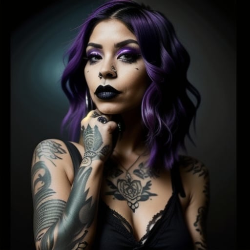 Prompt: The image features a woman with purple hair. It depicts a person with a gothic style, including fashion accessories and a tattoo. She wears Black lipstick, Gothic style makeup, black nail polish, hyper realistic photo quality dynamic colors