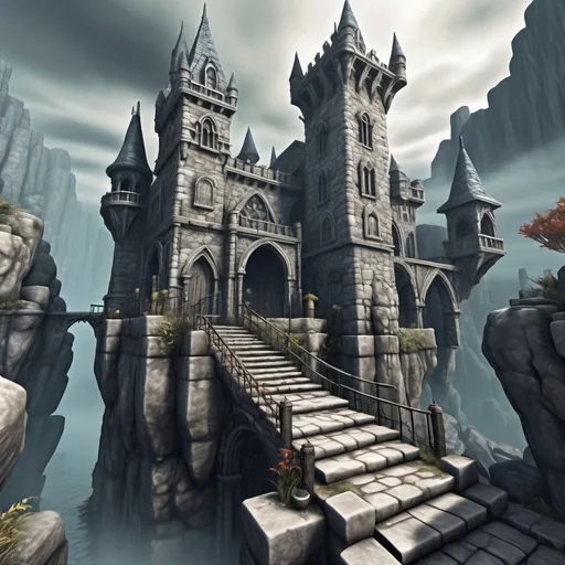 Prompt: Medieval fantasy castle with towering stone walls, rugged stone walkway, nostalgic PS2 game graphics, detailed stone texture, misty atmosphere, fantasy RPG game style, nostalgic, high quality, detailed texture, fantasy, medieval, rugged stone, misty atmosphere, nostalgic graphics, RPG game style, towering walls, memory, trippy, full castle