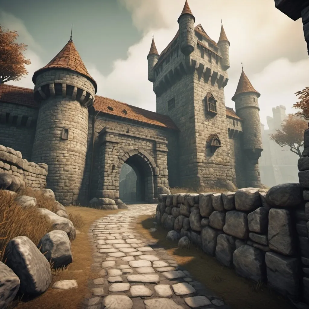 Prompt: Medieval fantasy castle with towering stone walls, rugged stone walkway, nostalgic PS2 game graphics, detailed stone texture, misty atmosphere, fantasy RPG game style, warm and nostalgic color tones, soft and diffused lighting, best quality, medieval, fantasy, detailed textures, nostalgic graphics, stone walls, misty atmosphere, RPG style, warm color tones, soft lighting