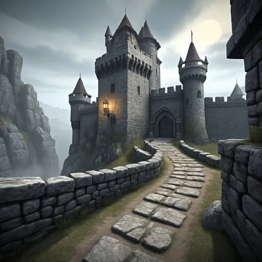 Prompt: Medieval fantasy castle with towering stone walls, rugged stone walkway, nostalgic PS2 game graphics, detailed stone texture, misty atmosphere, fantasy RPG game style, nostalgic, high quality, detailed texture, fantasy, medieval, rugged stone, misty atmosphere, nostalgic graphics, RPG game style, towering walls, atmospheric lighting
