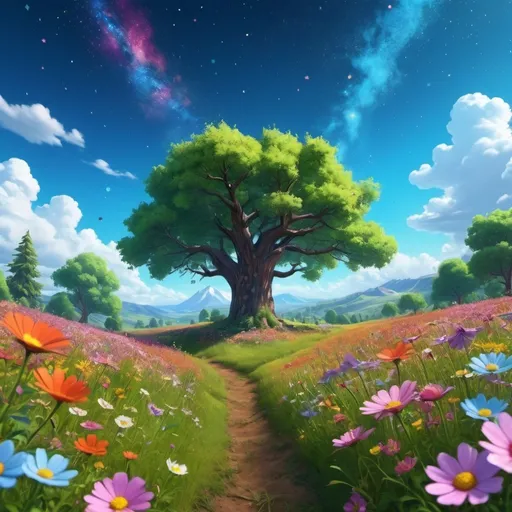 Prompt: Viral anime nature wallpaper in 4K quality, in the style of Pixar 3D inspired by Toy Story, showcasing a lush meadow filled with colorful wildflowers, a clear blue sky with fluffy clouds, and a single majestic tree standing in the middle; bright and cheerful color temperature, cosmos lighting with stars twinkling in the sky, no human characters, the atmosphere is whimsical and joyful --v 5 --stylize 1000