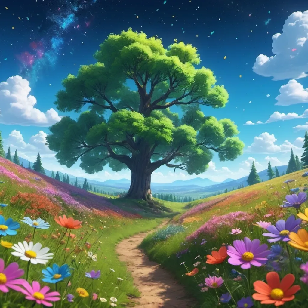 Prompt: Viral anime nature wallpaper in 4K quality, in the style of Pixar 3D inspired by Toy Story, showcasing a lush meadow filled with colorful wildflowers, a clear blue sky with fluffy clouds, and a single majestic tree standing in the middle; bright and cheerful color temperature, cosmos lighting with stars twinkling in the sky, no human characters, the atmosphere is whimsical and joyful --v 5 --stylize 1000