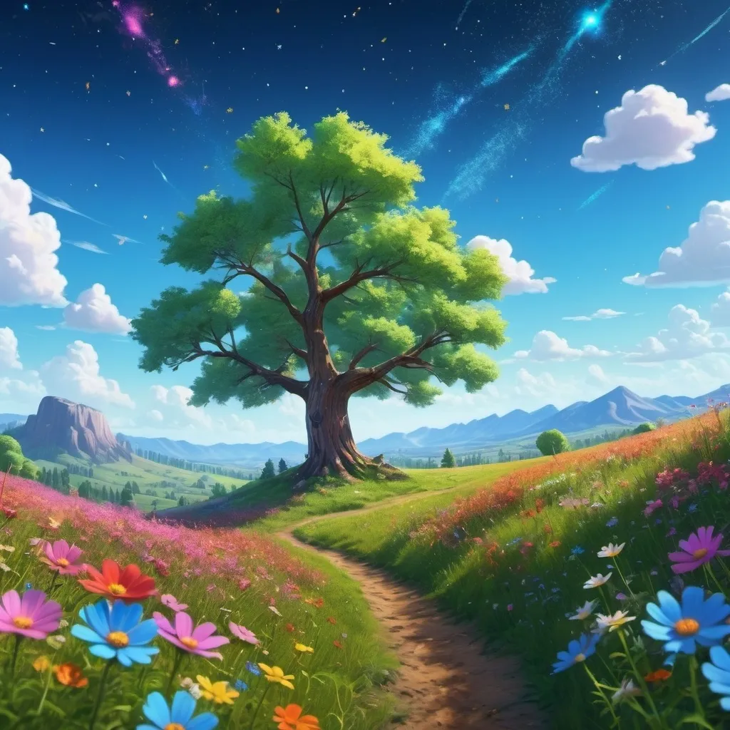 Prompt: Viral anime nature wallpaper in 4K quality, in the style of Pixar 3D inspired by Toy Story, showcasing a lush meadow filled with colorful wildflowers, a clear blue sky with fluffy clouds, and a single majestic tree standing in the middle; bright and cheerful color temperature, cosmos lighting with stars twinkling in the sky, no human characters, the atmosphere is whimsical and joyful --v 5 --stylize 1000