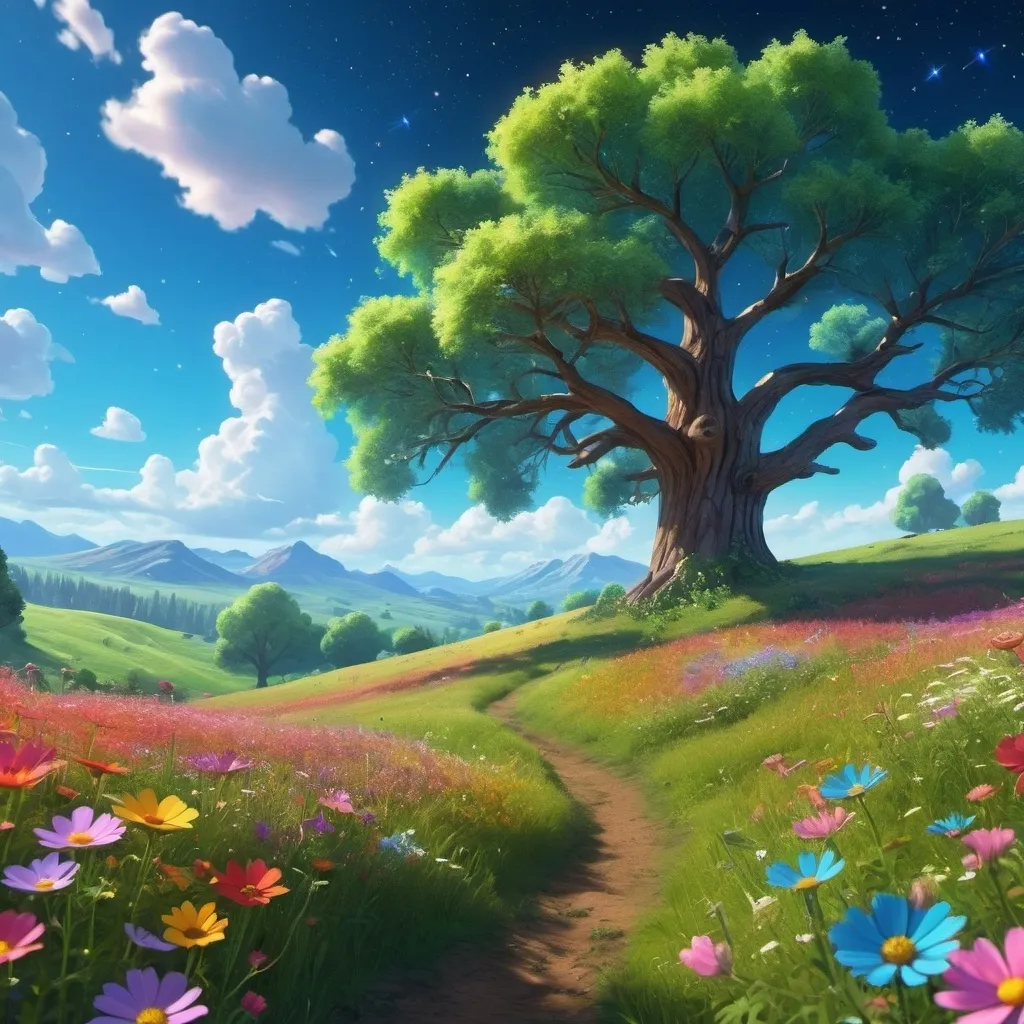 Prompt: Viral anime nature wallpaper in 4K quality, in the style of Pixar 3D inspired by Toy Story, showcasing a lush meadow filled with colorful wildflowers, a clear blue sky with fluffy clouds, and a single majestic tree standing in the middle; bright and cheerful color temperature, cosmos lighting with stars twinkling in the sky, no human characters, the atmosphere is whimsical and joyful --v 5 --stylize 1000