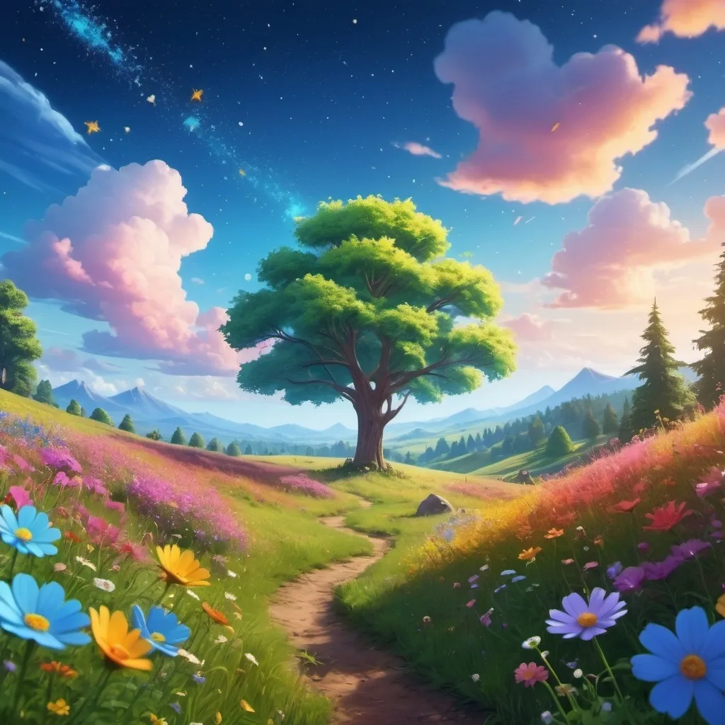 Prompt: Viral anime nature wallpaper in 4K quality, in the style of Pixar 3D inspired by Toy Story, showcasing a lush meadow filled with colorful wildflowers, a clear blue sky with fluffy clouds, and a single majestic tree standing in the middle; bright and cheerful color temperature, cosmos lighting with stars twinkling in the sky, no human characters, the atmosphere is whimsical and joyful --v 5 --stylize 1000