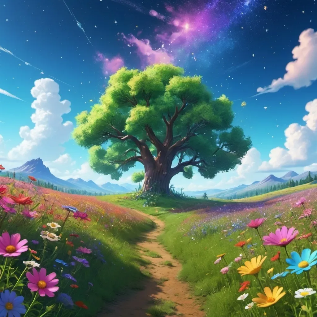 Prompt: Viral anime nature wallpaper in 4K quality, in the style of Pixar 3D inspired by Toy Story, showcasing a lush meadow filled with colorful wildflowers, a clear blue sky with fluffy clouds, and a single majestic tree standing in the middle; bright and cheerful color temperature, cosmos lighting with stars twinkling in the sky, no human characters, the atmosphere is whimsical and joyful --v 5 --stylize 1000