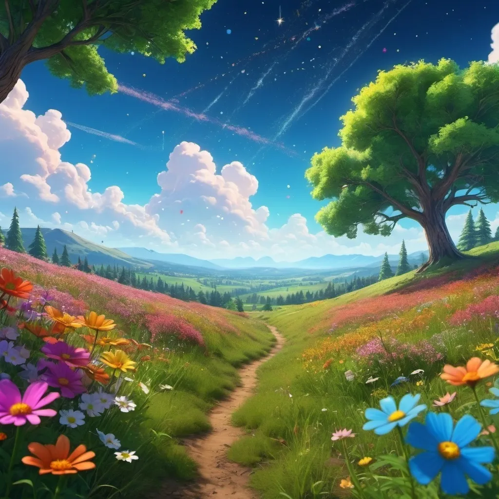 Prompt: Viral anime nature wallpaper in 4K quality, in the style of Pixar 3D inspired by Toy Story, showcasing a lush meadow filled with colorful wildflowers, a clear blue sky with fluffy clouds, and a single majestic tree standing in the middle; bright and cheerful color temperature, cosmos lighting with stars twinkling in the sky, no human characters, the atmosphere is whimsical and joyful --v 5 --stylize 1000