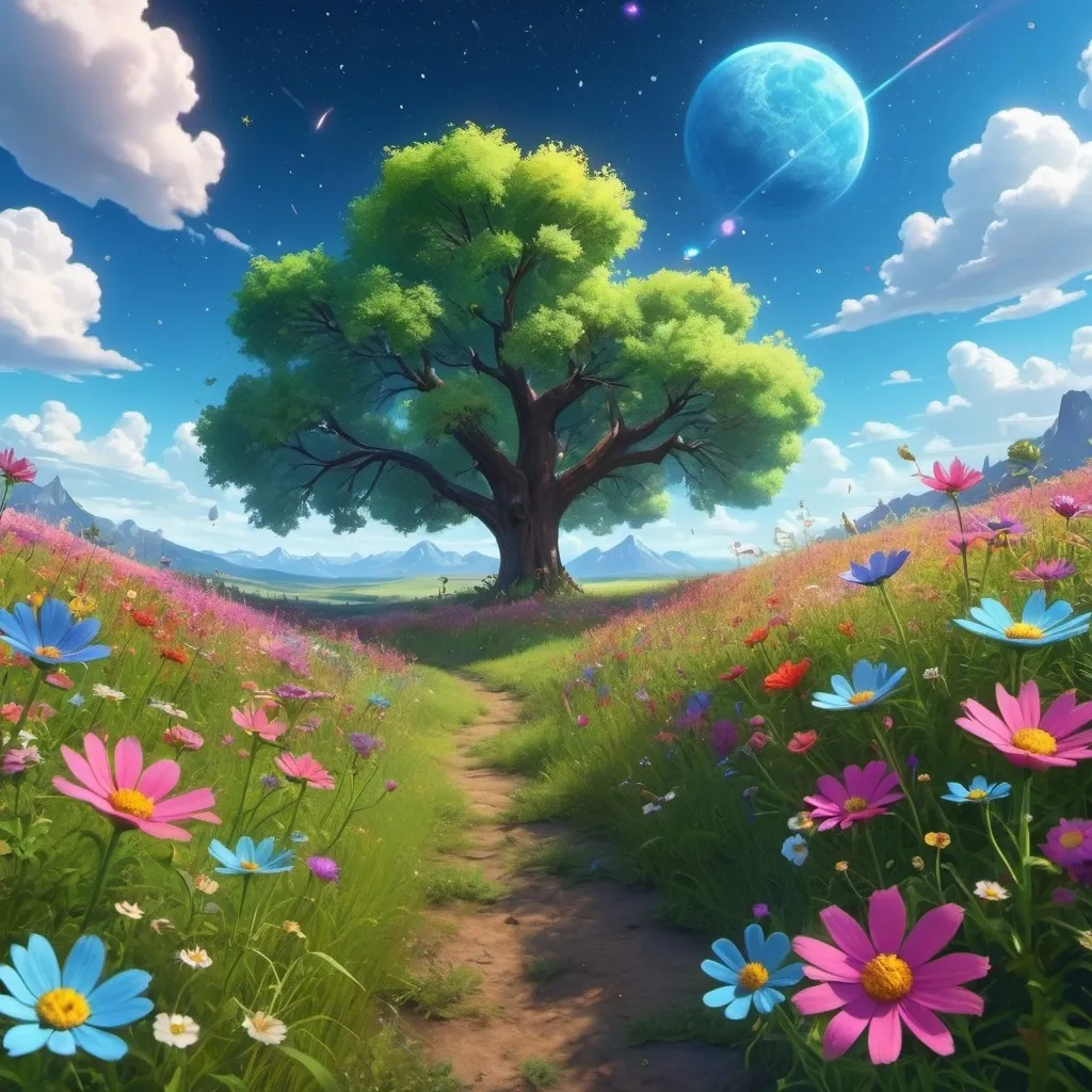 Prompt: Viral anime nature wallpaper in 4K quality, in the style of Pixar 3D inspired by Toy Story, showcasing a lush meadow filled with colorful wildflowers, a clear blue sky with fluffy clouds, and a single majestic tree standing in the middle; bright and cheerful color temperature, cosmos lighting with stars twinkling in the sky, no human characters, the atmosphere is whimsical and joyful --v 5 --stylize 1000