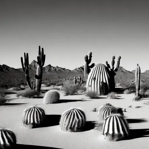 Prompt: Black and white desert landscape. On the right, there is an animal skull leaning against a cactus.