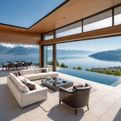 Prompt: luxurious home with pool and Geneva Lake view, contemporary terrace, luxurious furniture, Swiss Alps backdrop, highres, ultra-detailed, modern architecture, panoramic view, contemporary design, luxurious decor, upscale lifestyle, expansive pool, pristine waters, breathtaking view, snow-capped Alps, designer furniture, elegant interior, exquisite details, opulent setting, panoramic terrace, luxurious living