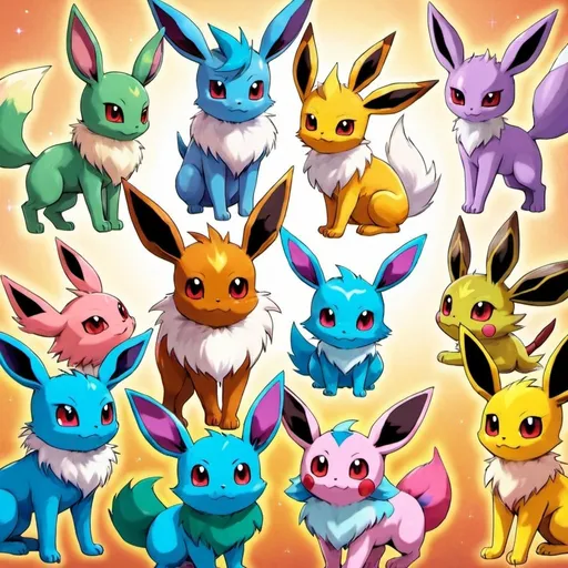 Prompt: Eevee, Umbreon, Flareon, Espeon, Leafeon, Sylveon, Jolteon, Vaporeon, Glaceon Group photo