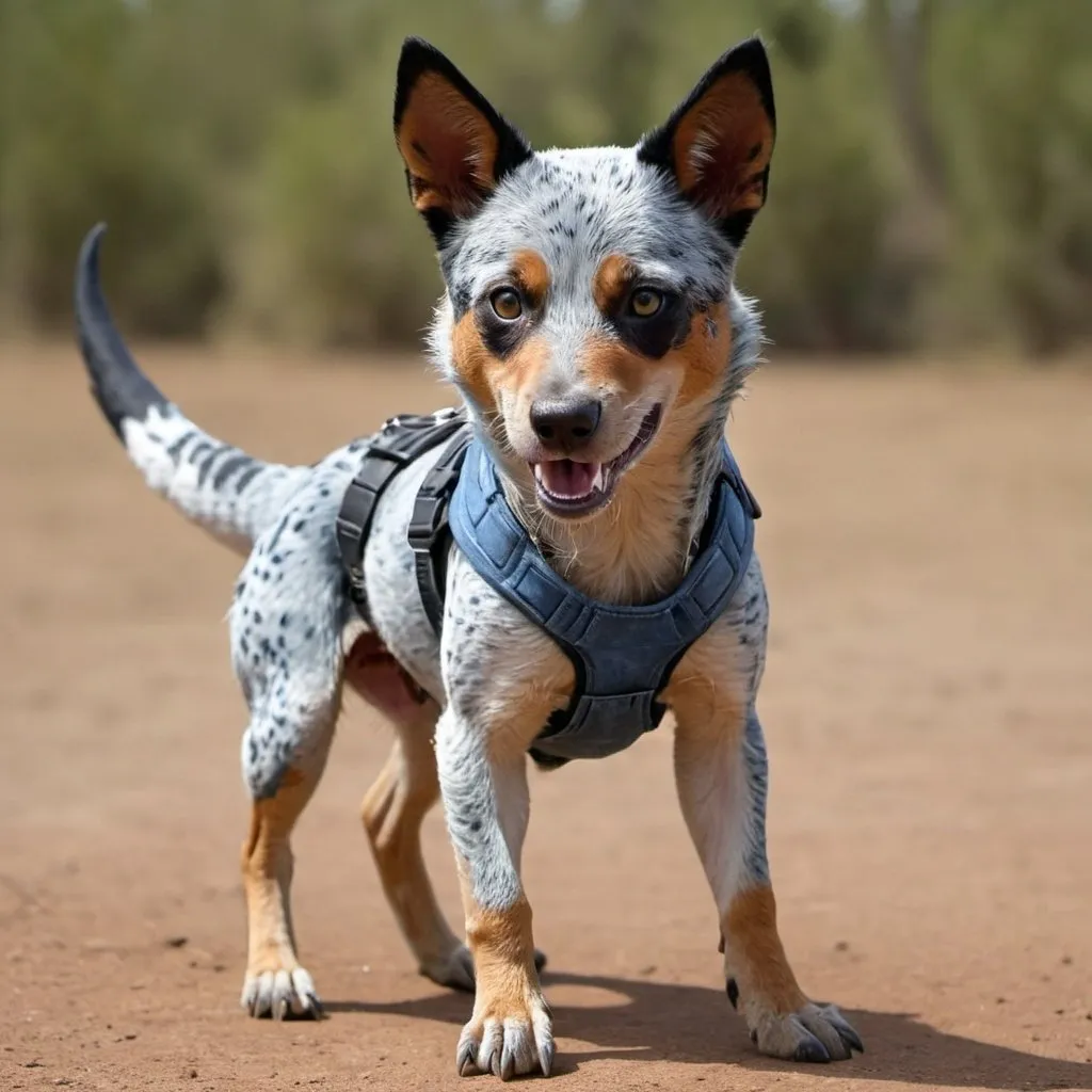 Prompt: a velociraptor mixed with a blue heeler dog