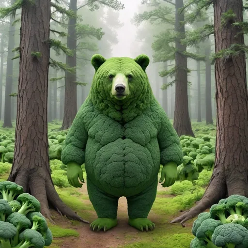 Prompt: a forest with broccoli for trees and bears that walk on 2 legs and wear green shirts