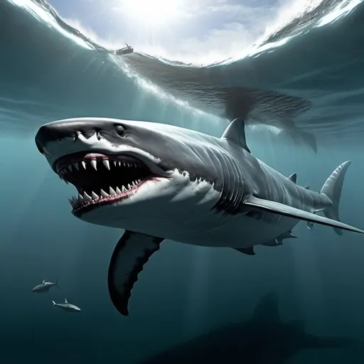 Prompt: a UFO landed in the ocean, where a megalodon tries to eat it