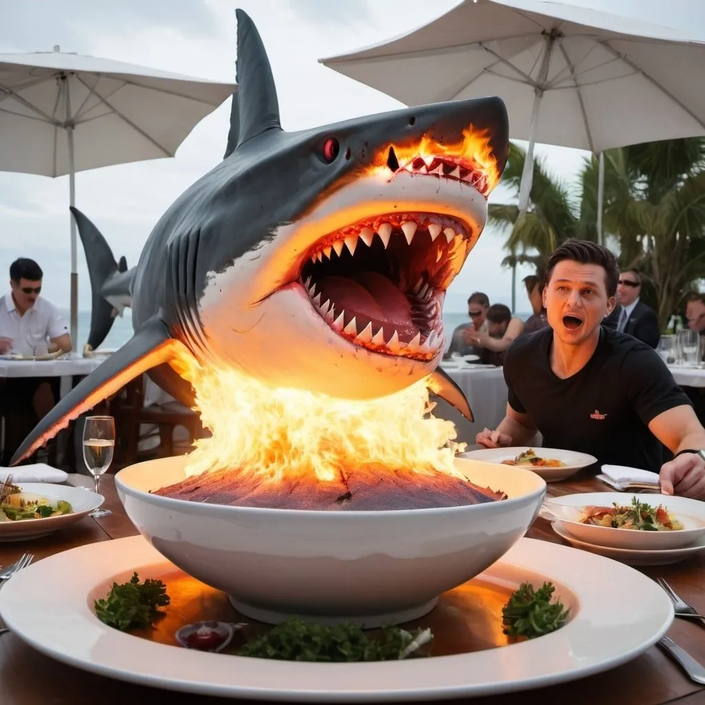 Prompt: a dish is served, and it's a giant shark on fire