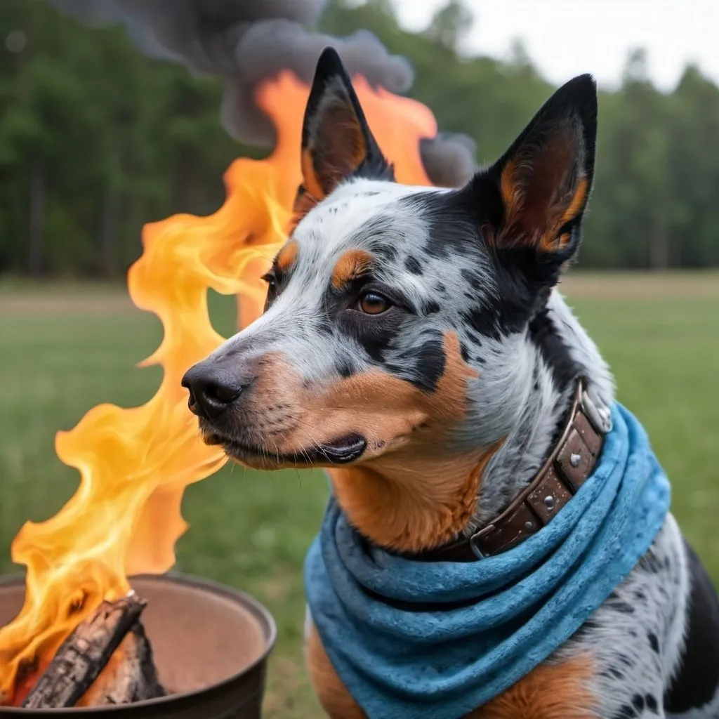 Prompt: a half human, half blue heeler dog breathing blue fire