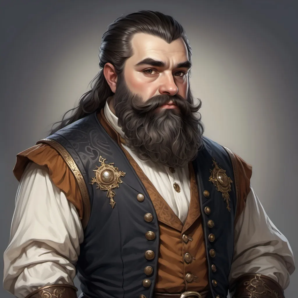 Prompt: a full portrait of a noble dwarf, with brown eyes, black hair and beard, and fancy clothes