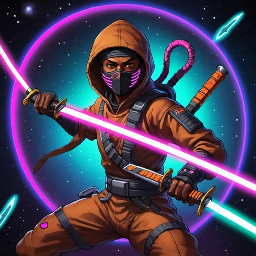Prompt: A brown skinned ninja in space wielding neon swords