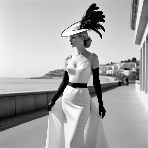 Prompt: Create a black and white photographic image. The main subject is a woman standing in a three-quarter pose outdoors. She is on a sidewalk by the sea, with a backdrop reminiscent of the city of Cannes in France. The sea is visible in the background. She is wearing a long, white evening gown that fits close to her body. She has a large white hat with a black ribbon and black gloves. The top of her dress is adorned with black and silver feathers. Add to the woman long blonde hair styled in a chignon at the nape of her neck, like a Hitchcockian actress. She wears a white satin fabric covering her shoulders with small, light, black feathers that appear to float in the wind. The lighting is natural. The photo is styled like Henry Clarke's work from the 1950s.