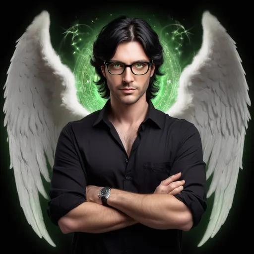 Prompt: A handsome psychic male therapist with green eyes and glasses and black hair with angel wings. A true light worker and born witch. 