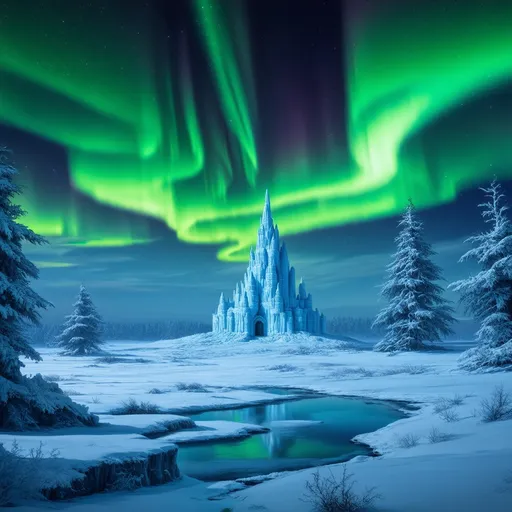 Prompt: A vast, frozen tundra under an eerie aurora borealis. The sky is filled with swirling green and purple lights, casting a surreal glow over the snow-covered landscape. In the distance, an ice castle stands tall, its jagged towers reaching up to the sky, surrounded by frozen trees and icy cliffs.