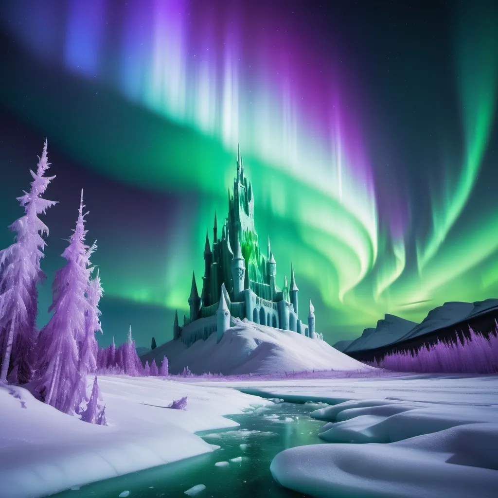 Prompt: A vast, frozen tundra under an eerie aurora borealis. The sky is filled with swirling green and purple lights, casting a surreal glow over the snow-covered landscape. In the distance, an ice castle stands tall, its jagged towers reaching up to the sky, surrounded by frozen trees and icy cliffs.