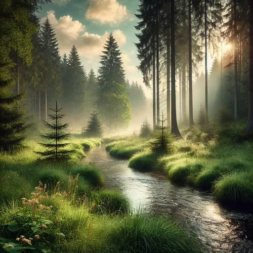 Prompt: A tranquil forest clearing during early morning, with soft sunlight filtering through tall, misty trees. The ground is covered with lush green grass, 