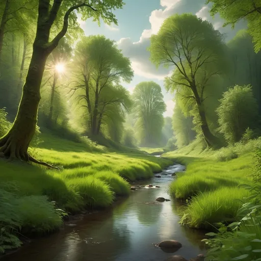 Prompt: a stream running through a lush green forest under a cloudy sky with sun shining through the trees and grass, Alexander Brook, German romanticism, forest, a matte painting