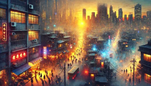 Prompt: A digital painting of a surreal cityscape where vibrant life and quiet transformation coexist. The streets are bustling with people, filled with energy and movement, as neon lights glow with hope. Yet, the city's essence feels altered—old buildings with faded signs, empty corners, and structures that appear gently worn by time. The contrast is subtle, with no clear separation between the two; instead, the atmosphere blends together, creating an ambiguous feeling of renewal and nostalgia. A hazy golden light casts a dreamlike glow over the city, illuminating both the thriving and fading aspects of urban life