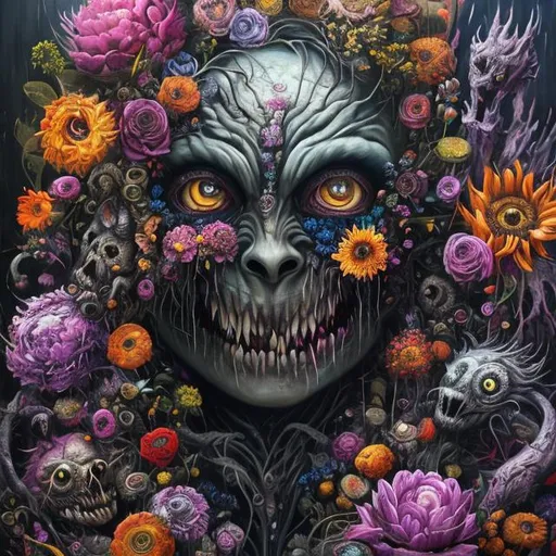 Prompt: Portrait of a dark smiling, clothed monster surrounded by vibrant flowers, covered in wounds, scary, bright eyes, vibrant, mysterious and malicious, detailed oil painting, whimsical, highres, colorful, vibrant, detailed, fantasy, eerie, oil painting, vibrant flowers, detailed monster, whimsical, vibrant colors