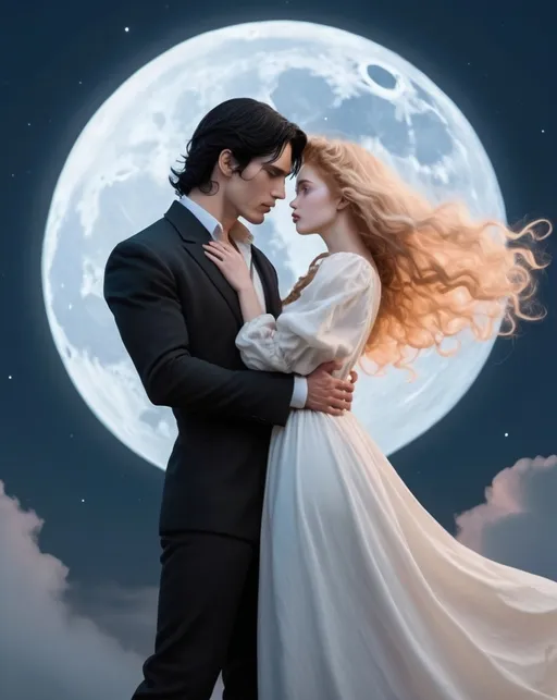 Prompt: Big full moon in the sky above a white man with black hair wearing poor clothes holding a white strawberry blonde gorgeous lady wearing puffy long dress her hair is wavy and has blue eyes, a potion bottle flying above them centered in the full moon . Imagine doesn’t show full bodies 