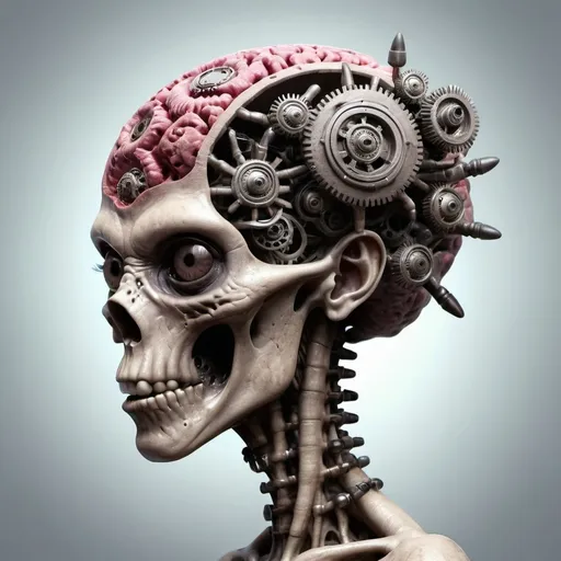 Prompt: Alien with gears in brain smoking, realistic