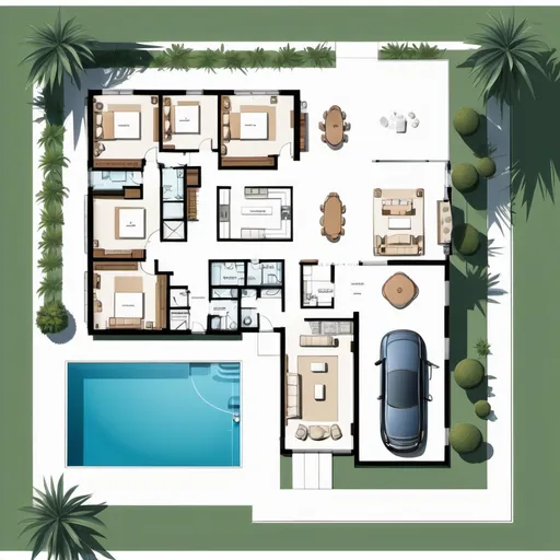 Prompt: luxury home floorplan, backyard, frontyard, pool, 2D vector illustrations, high quality, detailed layout, modern design, professional style, minimalistic, precise lines, clean and crisp, luxurious space, top-notch, well-crafted, artistic floorplan, spacious layout, accurate representation, high-res, polished, architectural, detailed home, clear and precise, professional vector illustration, organized and efficient, minimalistic design