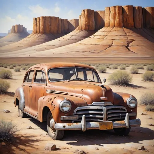 Prompt: Old rusty car, vintage oil painting, weathered and worn, aged and textured, high quality, classic style, warm tones, dramatic lighting, cracked paint, rusted metal, nostalgic atmosphere, detailed, vintage, distressed look, classic car in a middle of nowhere desert like with sunny day