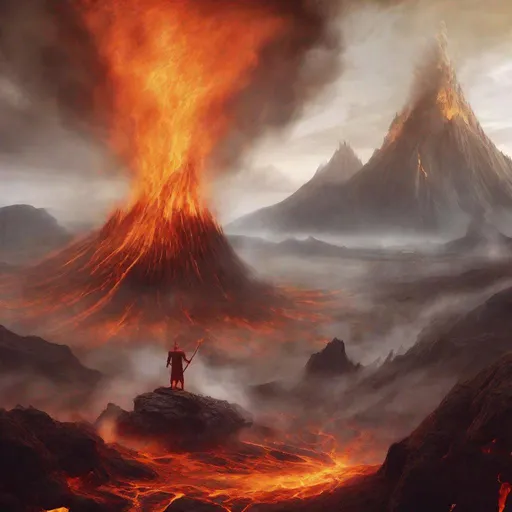 Prompt: fantasy vulcanic land with a god of fire rising from the ground