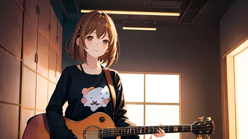 Prompt: Light Music Girl Hirasawa Yui,1girl, brunette hair, deep brown eyes, gentle smile, casual outfit, holding a guitar, anime style, music room backdrop, (best quality,4k,8k,highres,masterpiece:1.2),ultra-detailed, vivid colors, warm lighting