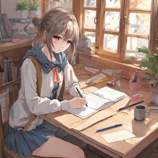 Prompt: An anime girl are writing