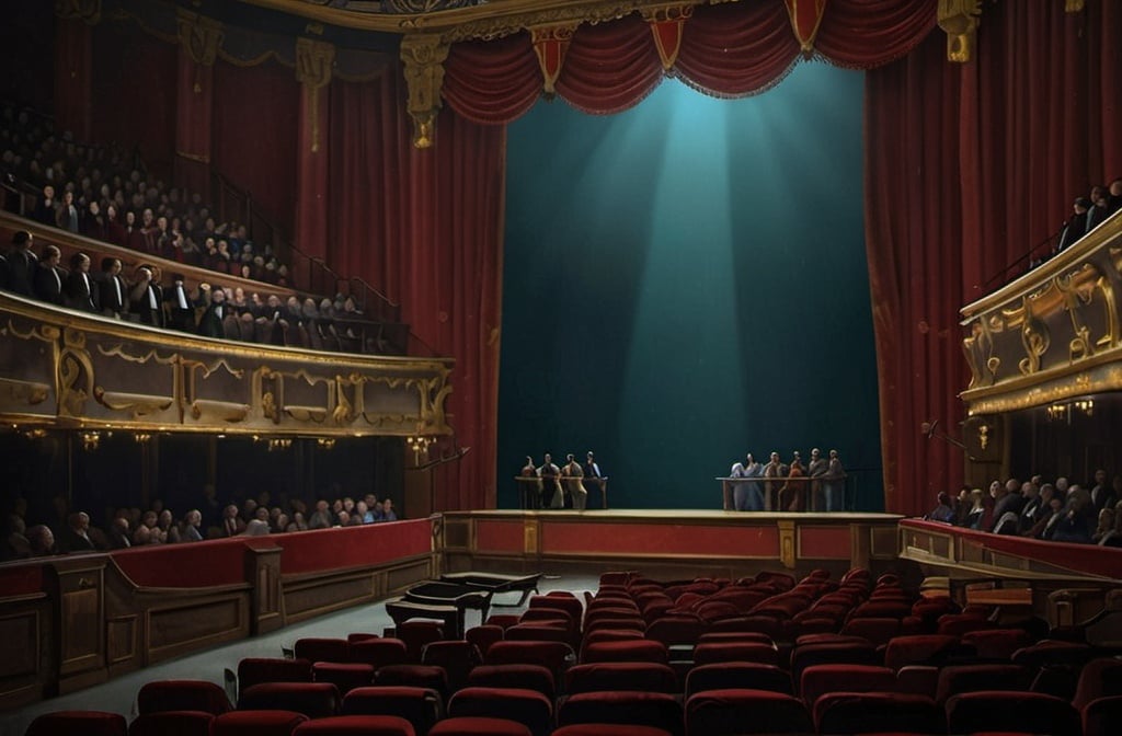 Prompt: a stage with a red curtain and a stage curtain with a spotlight on it and a row of red seats, Christophe Vacher, photorealism, unreal engine render, a detailed matte painting, a crowd