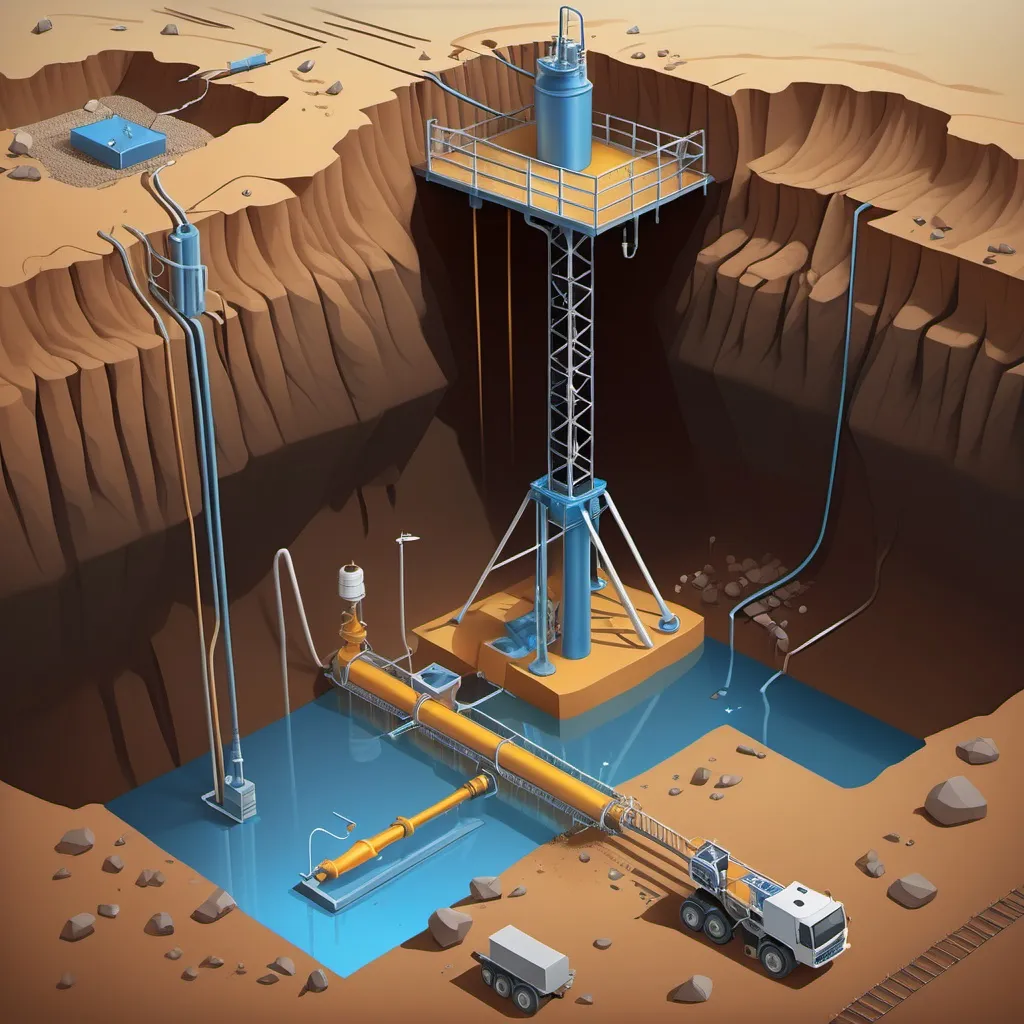 Prompt: Create a detailed illustration of an electrokinetic in situ recovery (EK-ISR) process for heavy metals in a mining environment. Show electrodes inserted into the ground, with a voltage gradient driving the movement of ions through soil or rock. Visualize metal ions being transported toward extraction wells under the influence of an electric field. Include a cross-section of the subsurface, highlighting layers of soil, ore deposits, and the flow of fluids carrying dissolved heavy metals. Show monitoring equipment on the surface and include details like cables, electrical sources, and extraction wells.