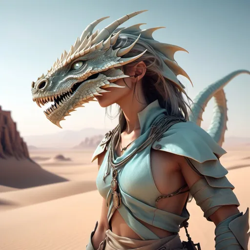 Prompt: (misc-dystopian scene), a desolate desert landscape filled with (sand dragons) and (crystal serpents), a (Desert Warrior) wearing (light, durable clothing), wielding magical (crystal weapons), skin sun-kissed and weathered, eyes shimmering in the light, depicted with a cool color scheme, (moody atmosphere), ultradetailed, cinematic, poetic, haunting beauty, showcasing the warrior blending harmoniously with the enchanting desert surroundings.