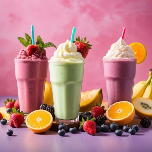 Prompt: Create a summer-themed dairy promotion focused on 'Summer Sips.' Include elements like refreshing dairy-based drinks, such as smoothies, milk ice cream bright colors fruit 