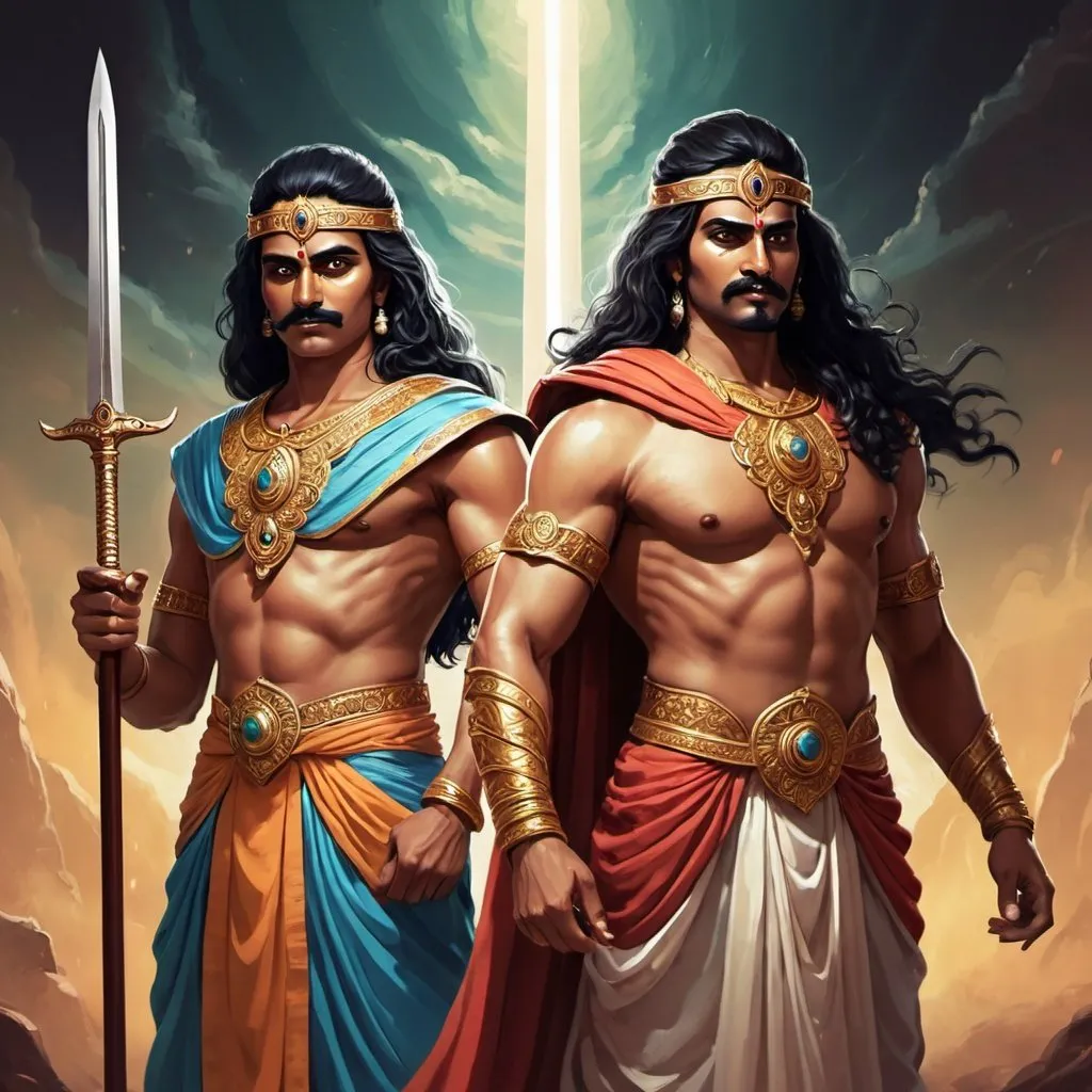 Prompt: A digital art illustration of Nakula and Sahadeva, the twin princes from the Mahabharata, as fantasy supervillains. Nakula, the master swordsman, wields a pair of gleaming blades, while Sahadeva, the skilled physician, utilizes a staff emitting healing energy. The background depicts the kingdom of Madra, their birthplace.