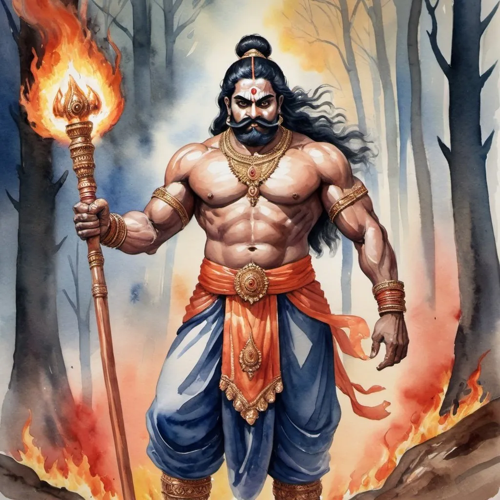 Prompt: A watercolor painting of Bima, the legendary strongman from the Mahabharata, reimagined as a fantasy supervillain. He wields his signature mace, Gada, crafted from the bones of the demon Hidimbabha. The background showcases the burning forest of Khandava, where Bima demonstrated his immense strength.