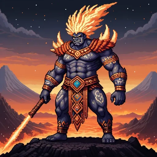 Prompt: A pixel art rendition of Gatotkaca, the half-giant son of Bima, as a fantasy supervillain. His body is adorned with intricate tribal markings, and he wields a pair of meteor hammers, symbolizing his immense strength. The background features the volcanic mountain of Kendalis, where Gatotkaca was born.