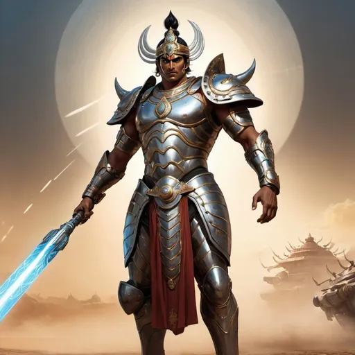 Prompt: A futuristic concept art piece of Abhimanyu, the valiant son of Arjuna, as a fantasy supervillain. He is encased in high-tech armor resembling a chariot, and his weapons project beams of energy. The background showcases the battlefield of Kurukshetra, where Abhimanyu displayed his exceptional combat skills.