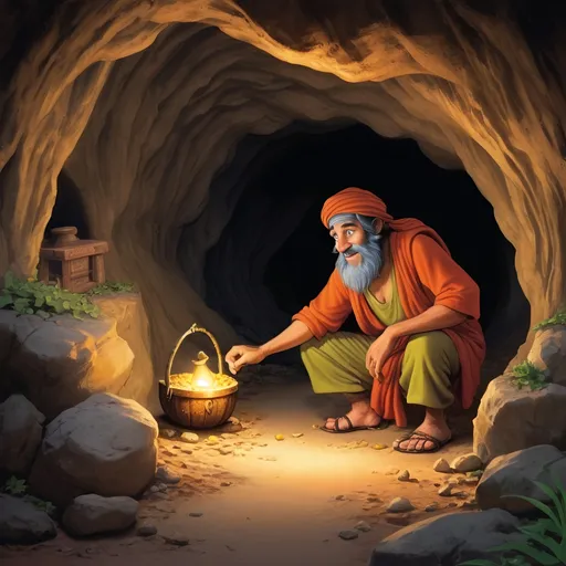 Prompt: Ali Baba, a humble woodcutter, stumbles upon a secret cave where the Forty Thieves hide their treasures. Describe his first encounter with the cave and the treasure within.