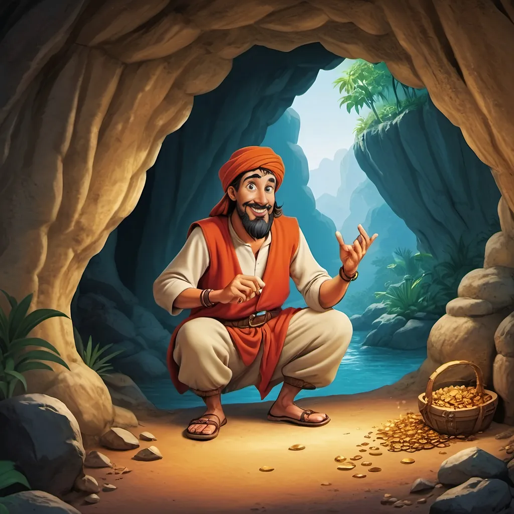 Prompt: Ali Baba, a humble woodcutter, stumbles upon a secret cave where the Forty Thieves hide their treasures. Describe his first encounter with the cave and the treasure within.