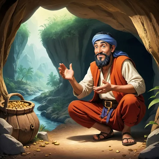 Prompt: Ali Baba, a humble woodcutter, stumbles upon a secret cave where the Forty Thieves hide their treasures. Describe his first encounter with the cave and the treasure within.
