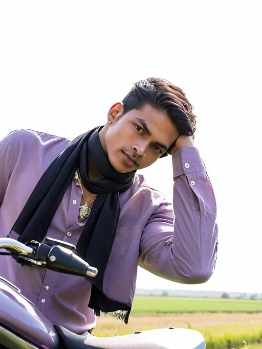Prompt: A young man confidently leans against a motorcycle, exuding a casual charm in a rural setting. He wears a light purple long-sleeve shirt paired with white trousers, complemented by a simple necklace. The motorcycle, sleek and black, features a decorative scarf hanging from its handle, suggesting a personal touch. Behind him lies a green field, vibrant under a clear sky, contrasted by a rustic brick wall in the background. The warm, natural light enhances the scene, capturing a relaxed yet spirited moment that resonates with freedom and youthful adventure.