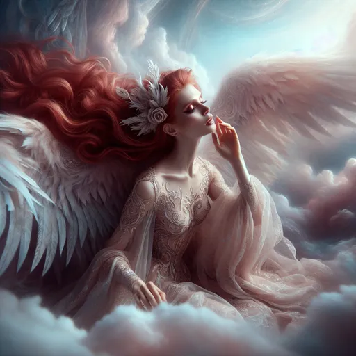 Prompt: (divine fallen angel), stunning visuals, long red hair, softly weeping, gazing up towards the heavens, ethereal light illuminating the scene, dramatic and surreal atmosphere, soft pastel shades, delicate clouds in the background, high detail, ultra-detailed, contemplative mood, a sense of longing and grace, artistic depiction, fantasy elements.